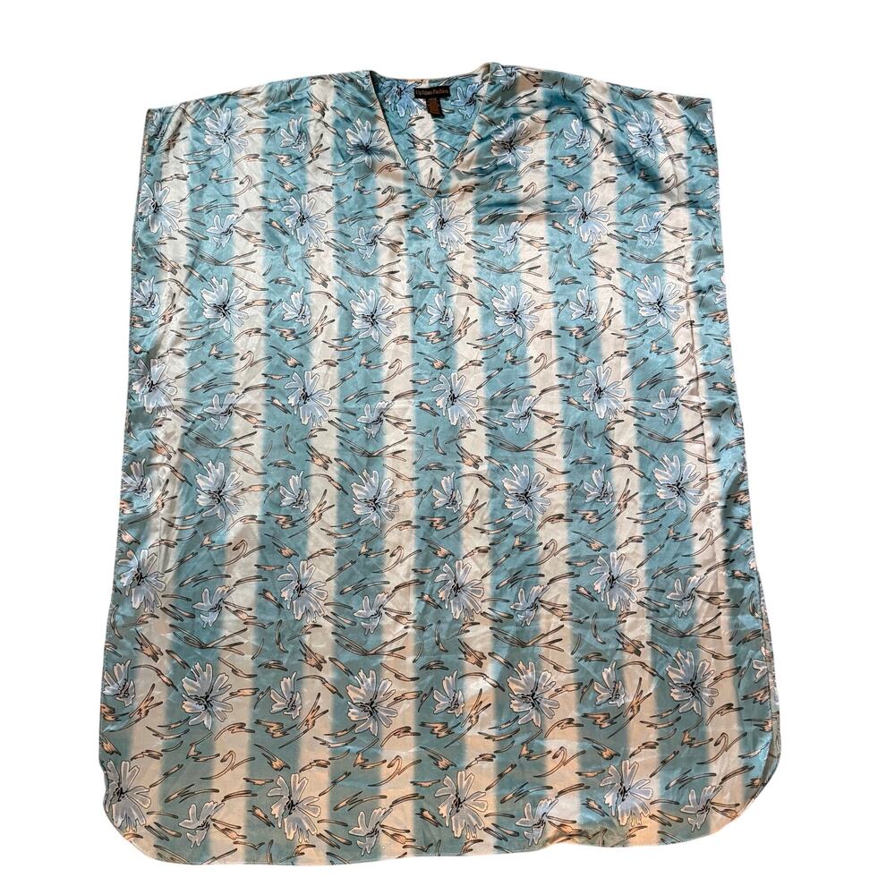 Vintage Up2Date Fashion Blue Floral Satin Kaftan Muumuu One Size - Picture 2 of 9